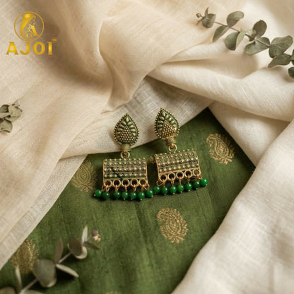 Antique Gold-Plated Leaf Design Jhumka Earrings with Green Bead Drops