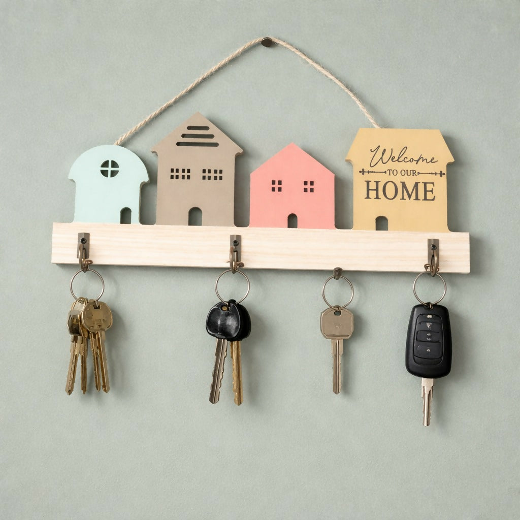 Wooden House Design Key Holder Wall Mount with 3 Hooks