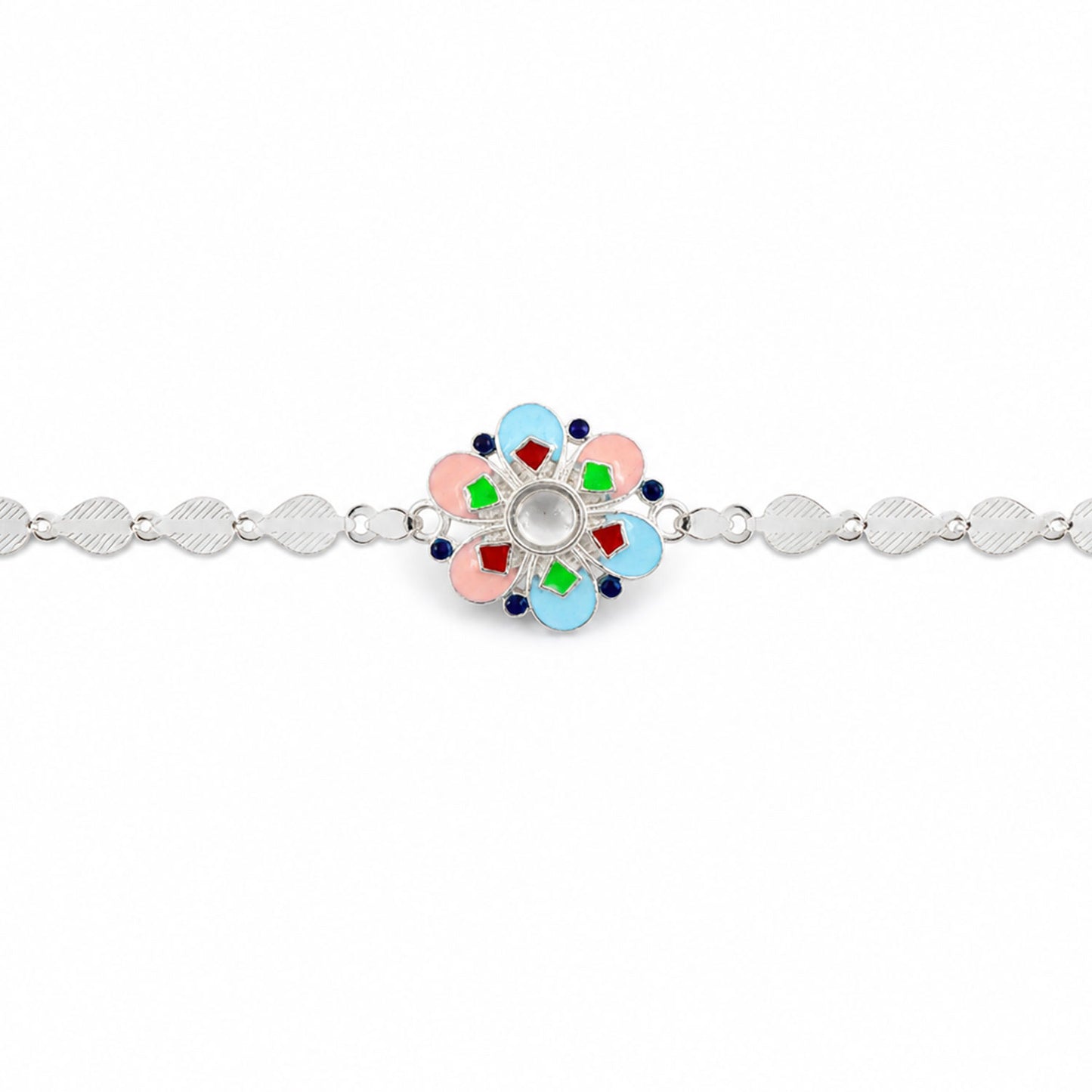 A silver chain rakhi with a colorful enamel flower charm centered on a plain white background.