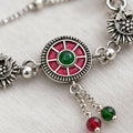 Vintage-Style Oxidized Silver Adjustable Slider Bracelet featuring Enamel Mandala Center & Floral Charms