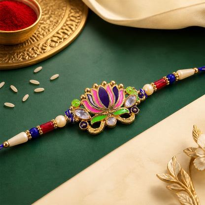 Lotus Flower Enamel Pendant Rakhi with Navy Pearl Beads