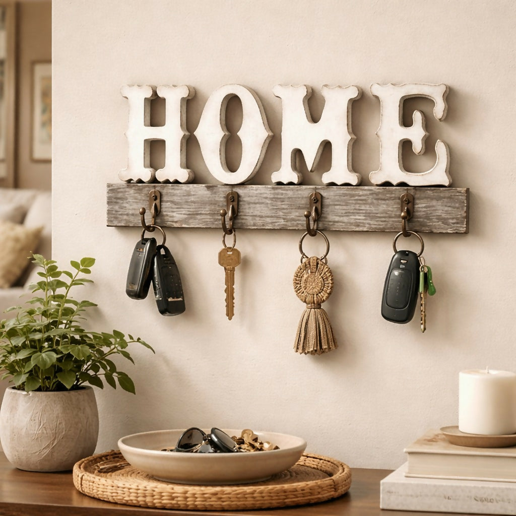 Wooden HOME Key Holder Wall Mount with Hooks for Keys Organizer