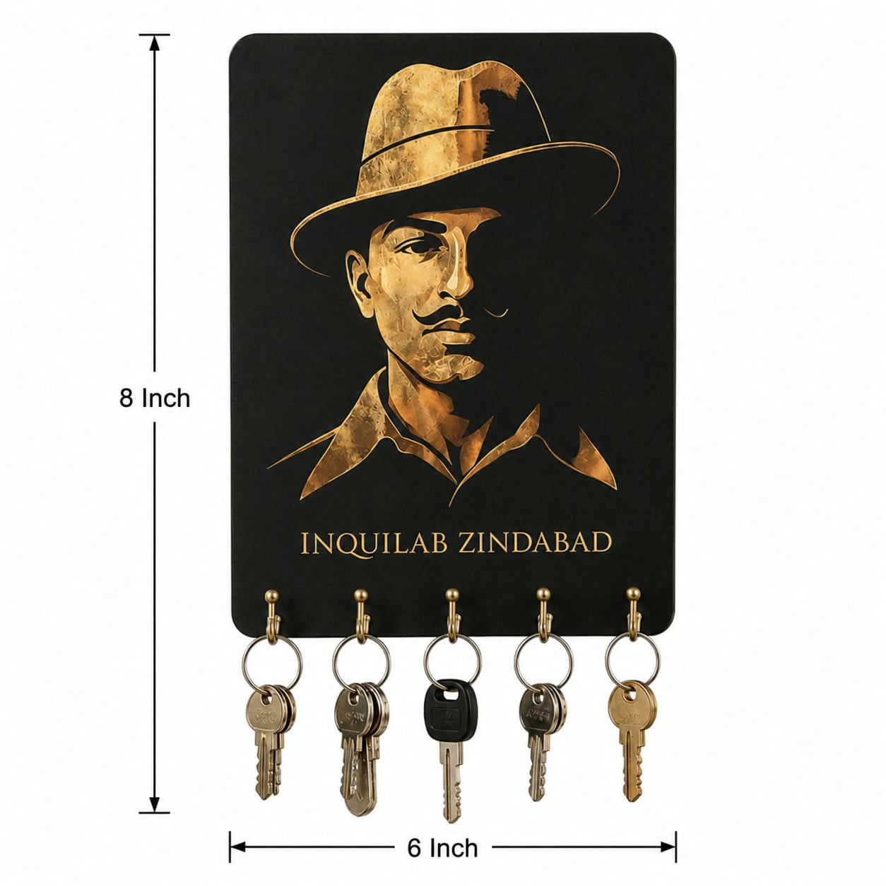 Side view of Bhagat Singh key holder, highlighting its wood finish and hooks