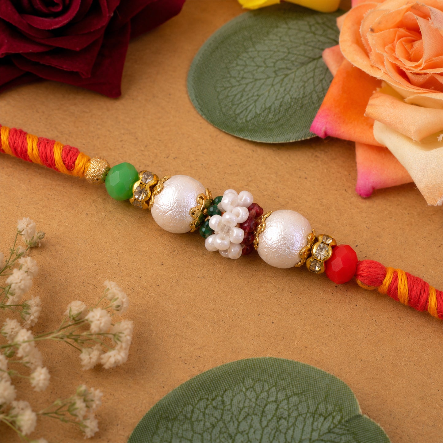 Colorful Golden Stone Rakhi with Bright Beads and Playful Festive Charm
