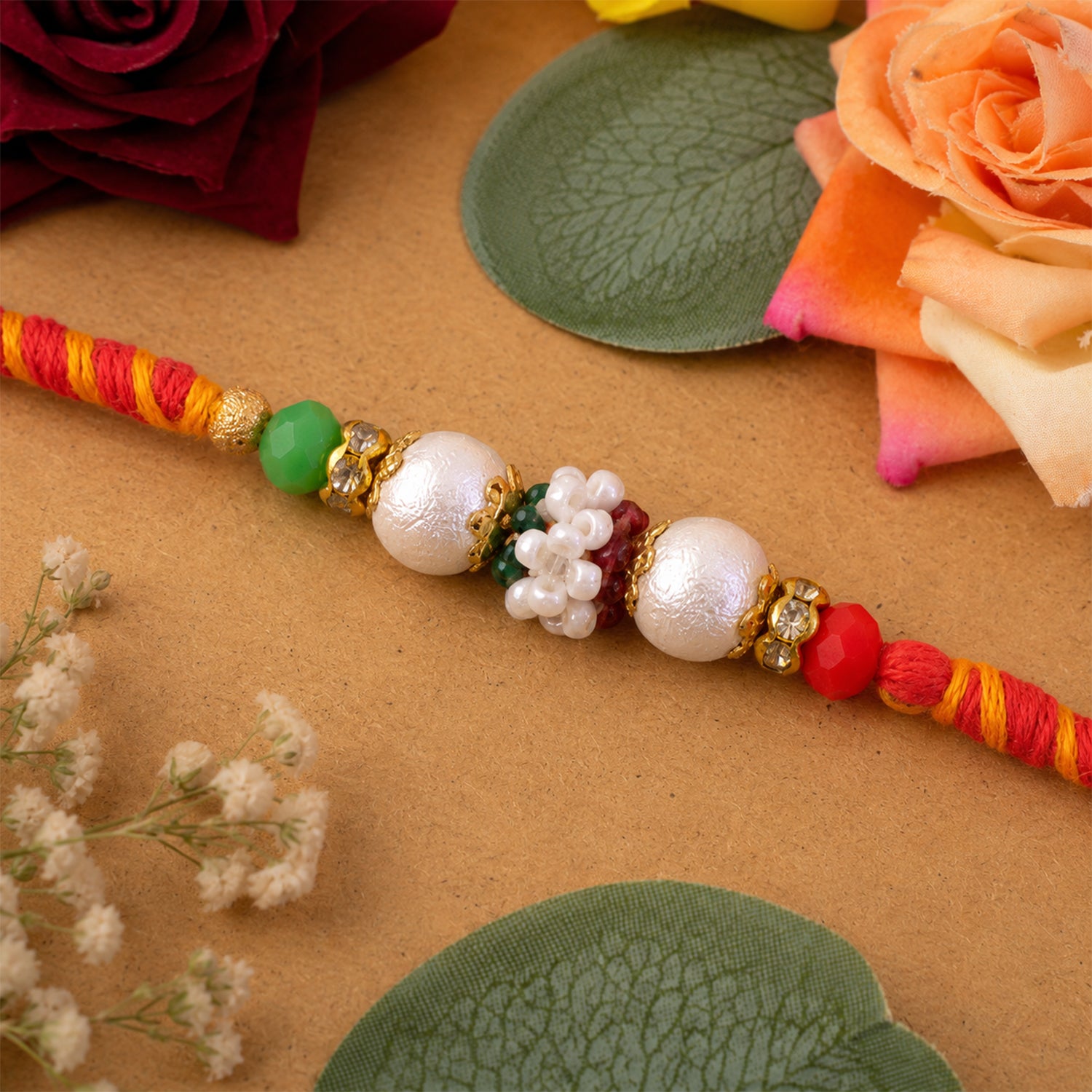 Colorful Golden Stone Rakhi with Bright Beads and Playful Festive Charm