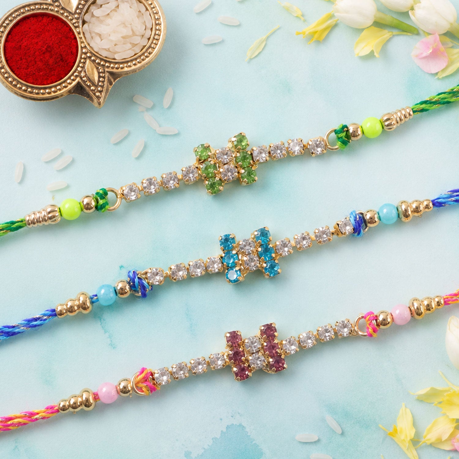 Compact Twin Bar Stone Rakhi in Mix Colour Threads (Pack of 6)