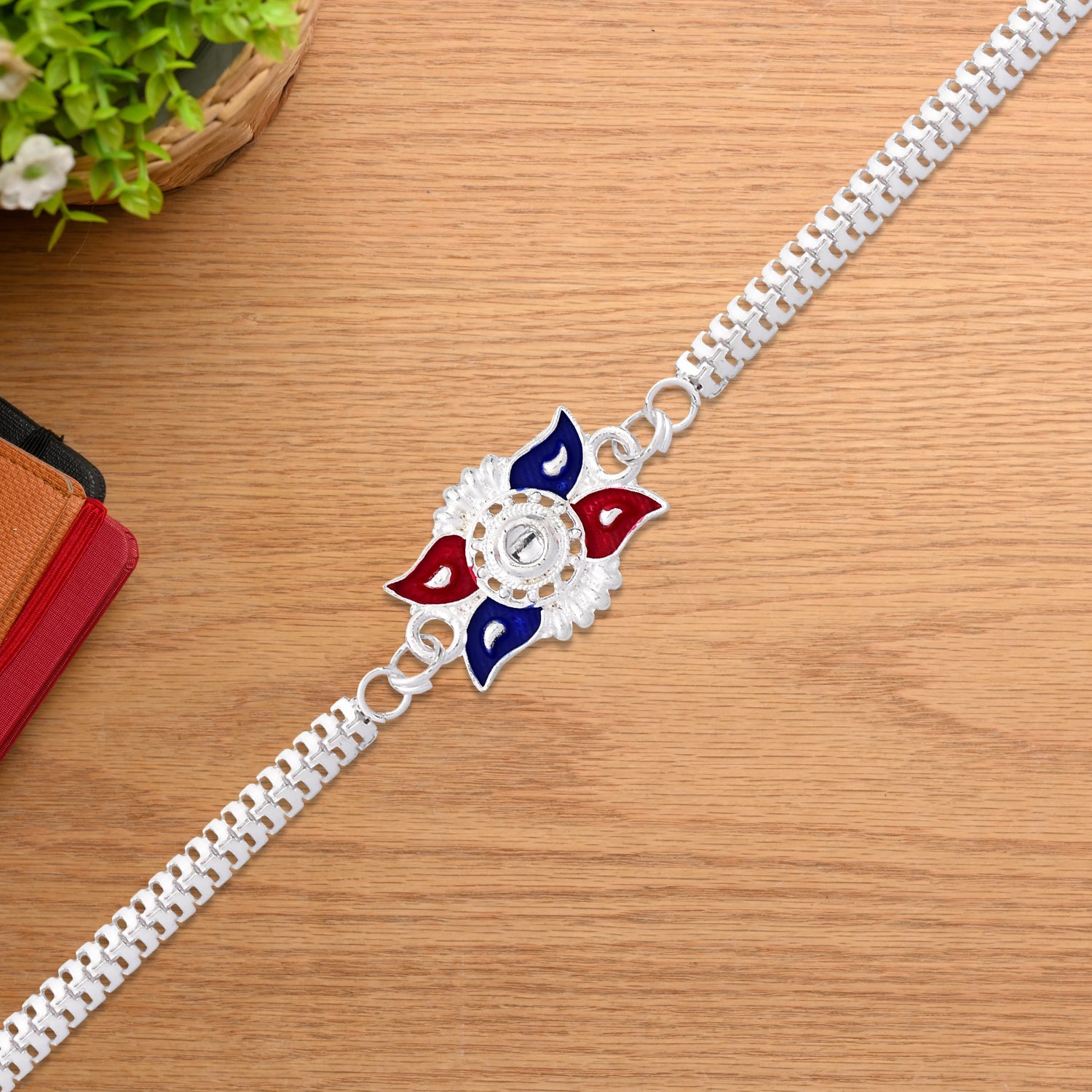 Sun Design Rakhi Red Blue Enamel & Silver-Tone Chain (10pcs)