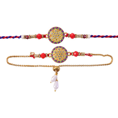 Stone Studded Round Bhai Bhabhi Lumba Rakhi with Pearl Hangings