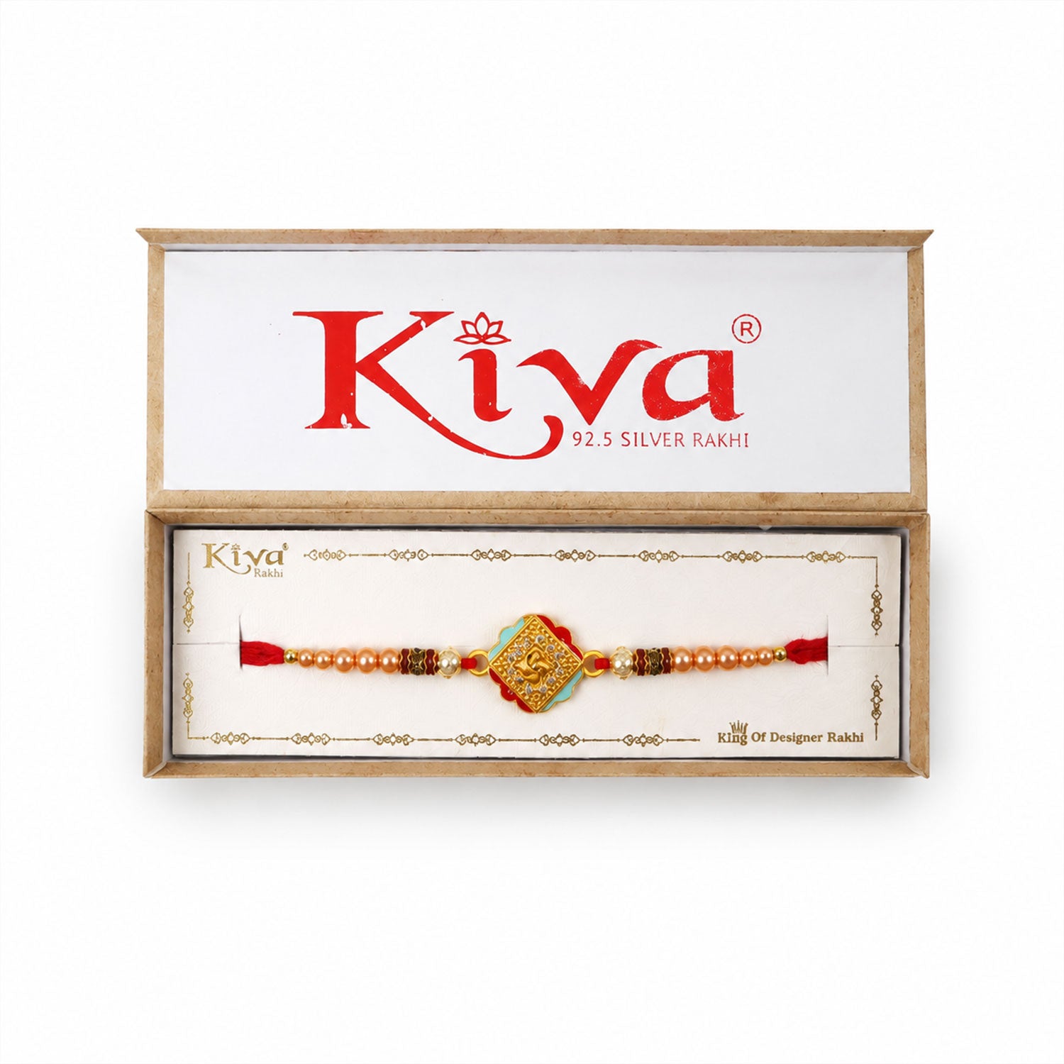 Silver Rakhi with Golden Square Om Centre, Roli Chawal Coin and Peacock Gift Packing
