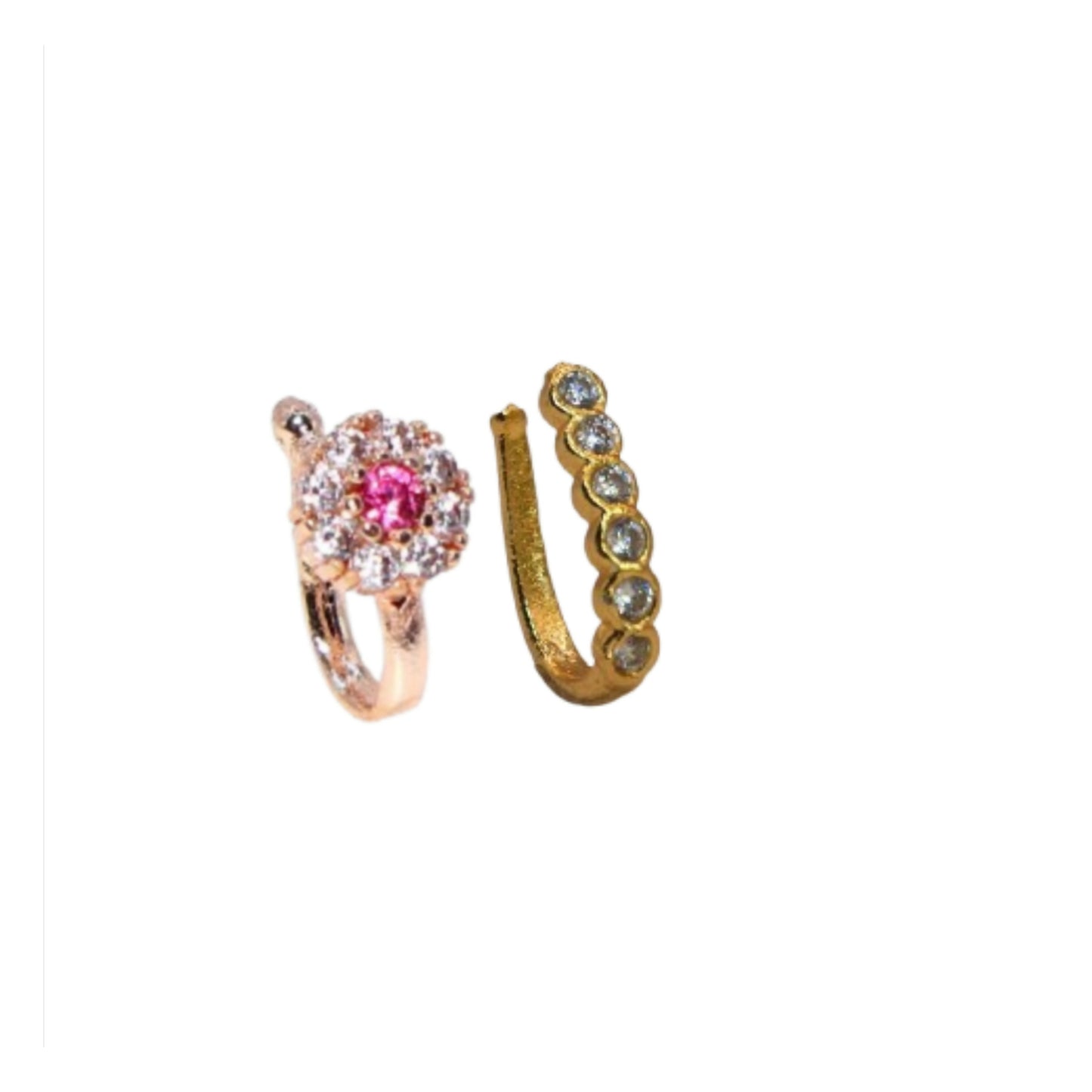 2Pc Gold Rose Gold AD Non-Piercing Nose Ring & Side Cuff Set