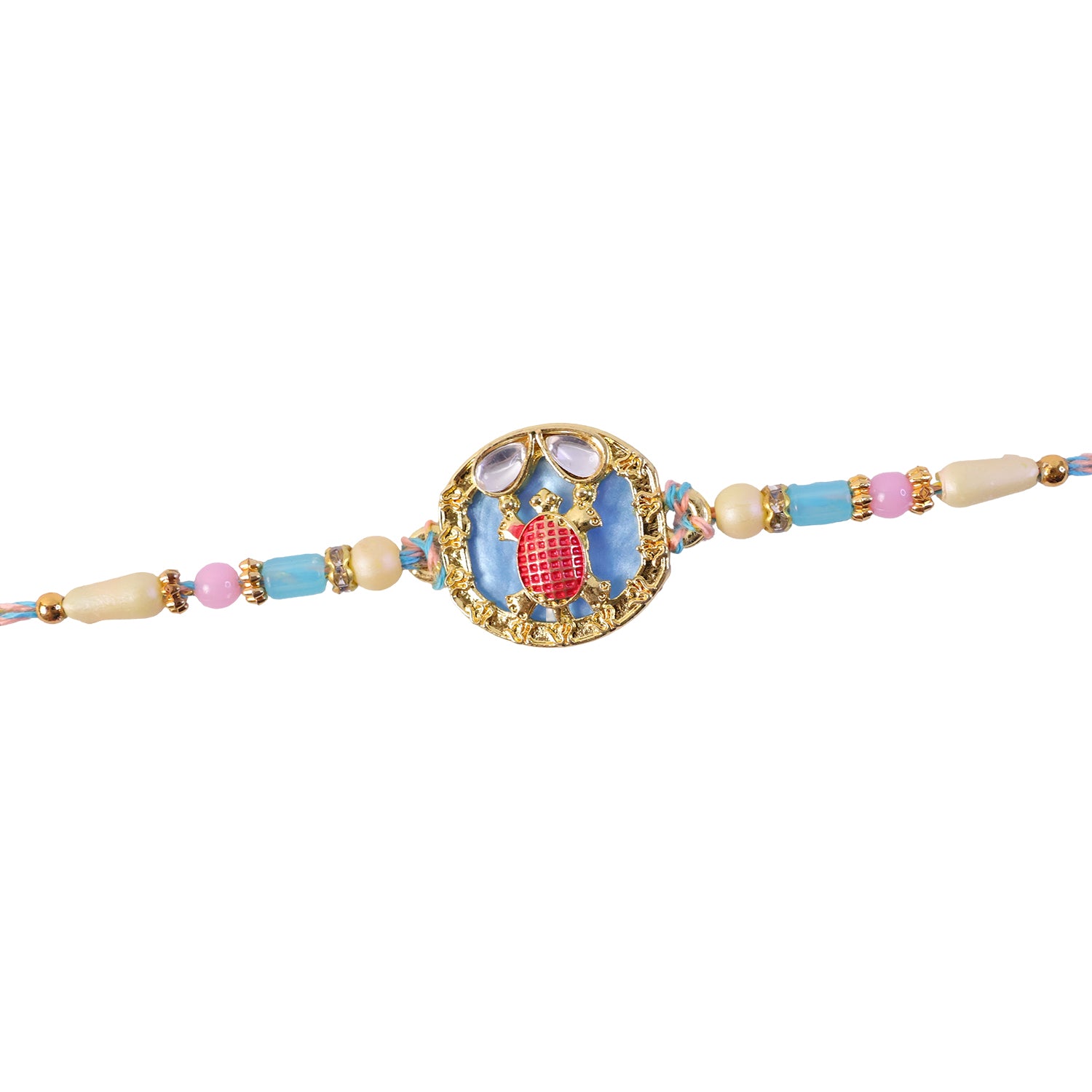 Elegant Blue Designer Rakhi for Brother with Golden Pendant & Premium Bead Work