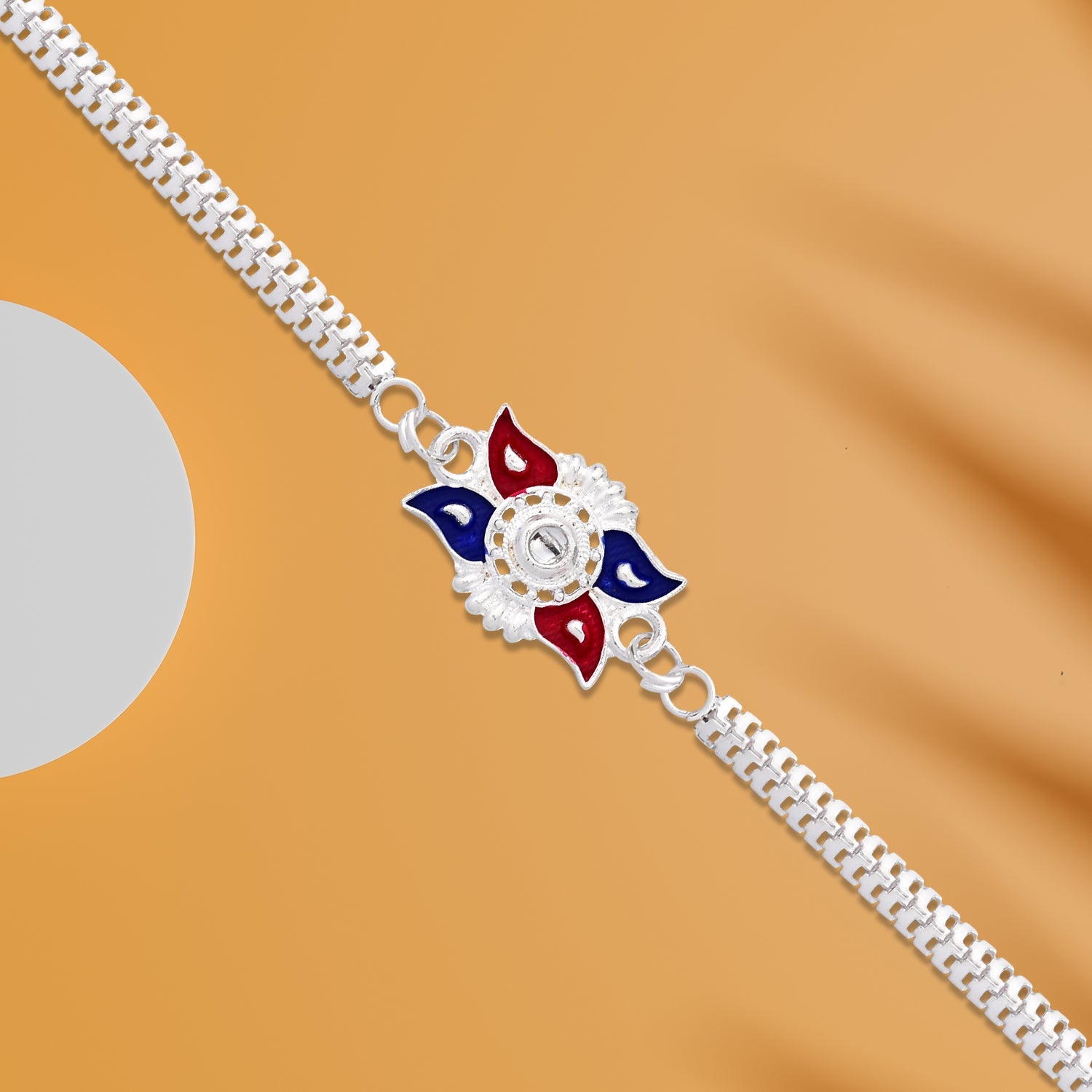 Sun Design Rakhi Red Blue Enamel & Silver-Tone Chain (5pcs)
