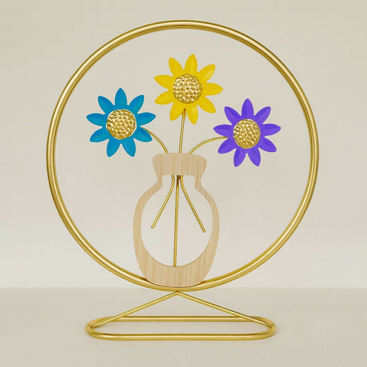 Luxury Metal Flower Showpiece with Wooden Pot – Golden Round Frame with Multicolor Flowers (Blue, Yellow, Purple) – Decorative Metal Art for Home, Living Room, Bedroom, Office Table, Gift Item, Modern Table Décor