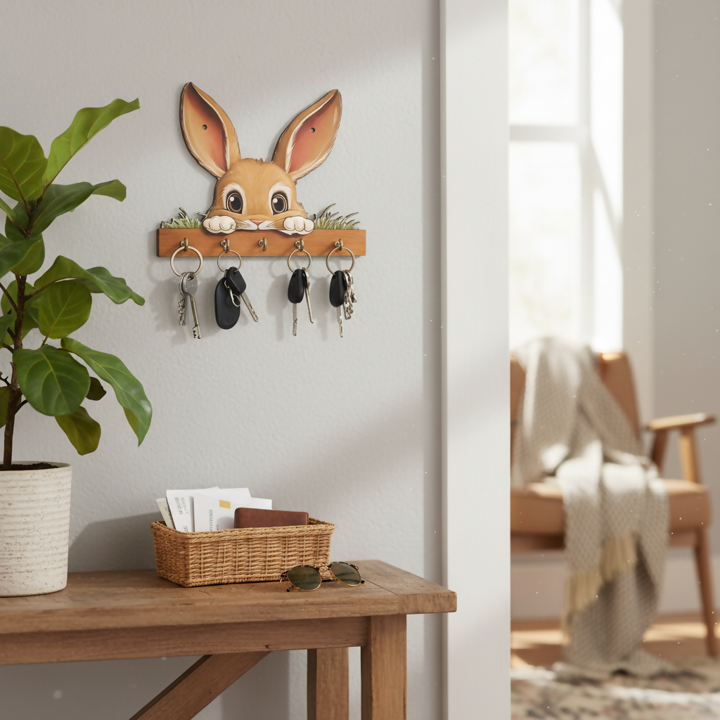 Cute wooden bunny wall key holder with 5 hooks