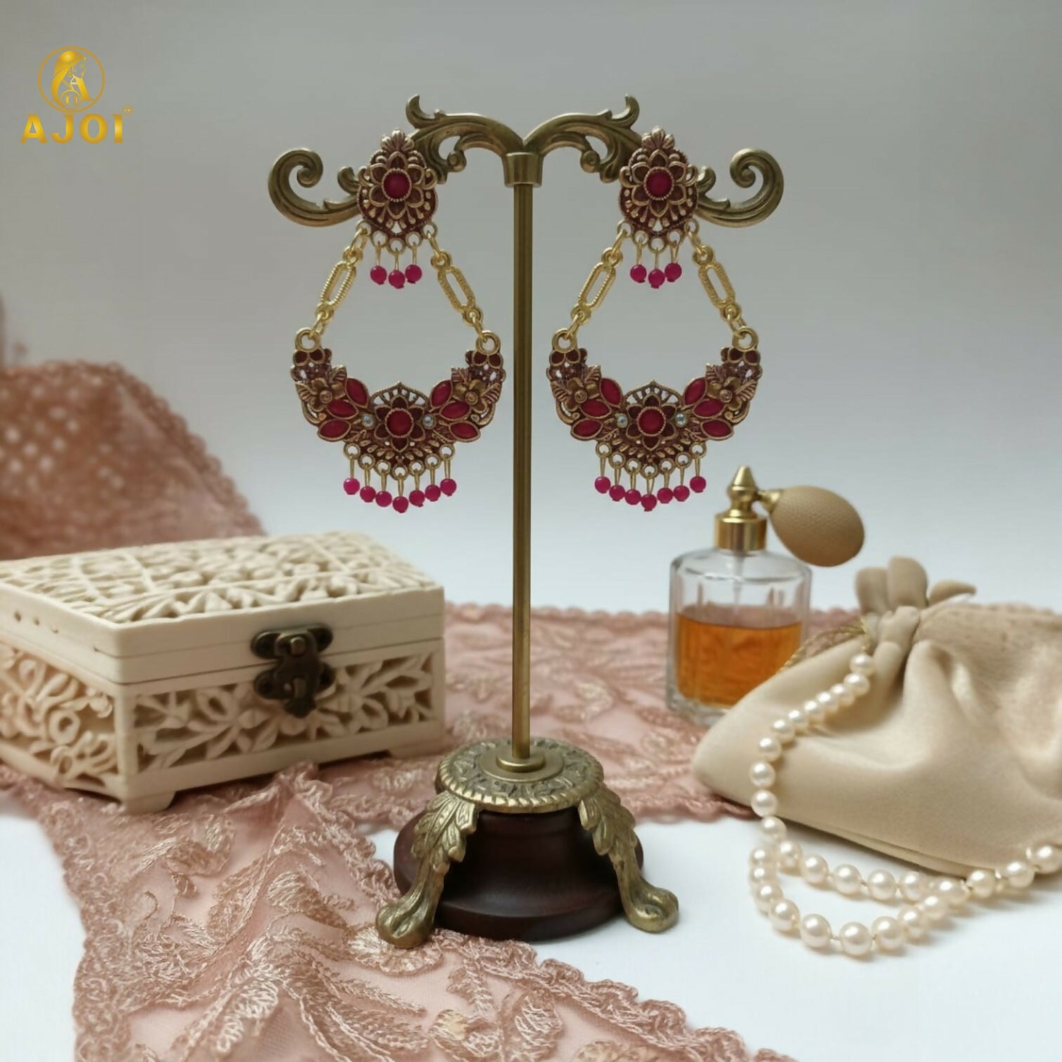 Antique Gold-Plated Pink Stone Floral Chandbali Earrings for Women