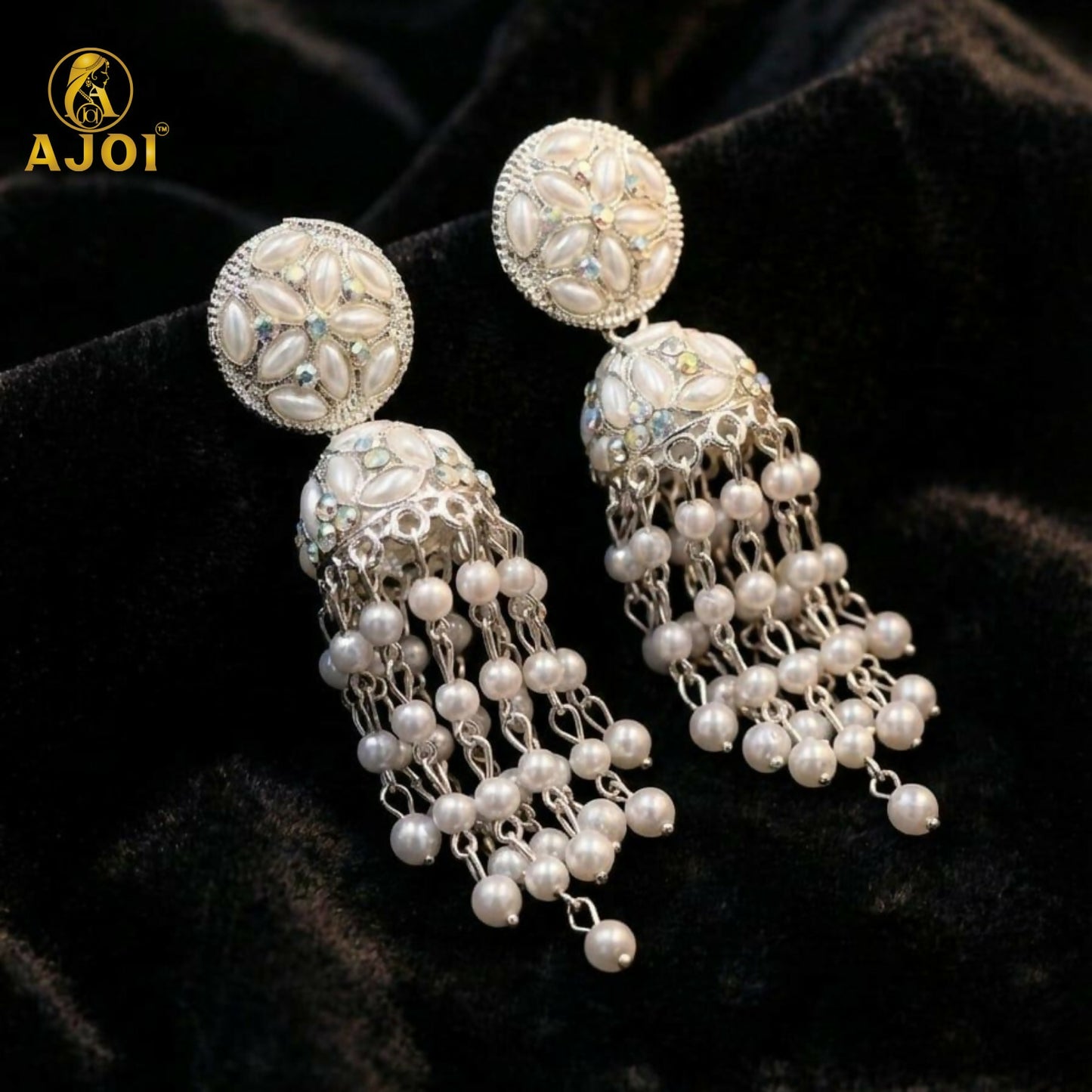 Luxury Handcrafted Pearl Chandelier Jhumka Earrings with Floral Studs & Cascading Pearl Drops