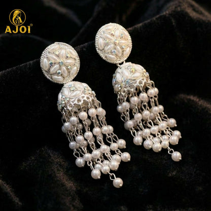 Luxury Handcrafted Pearl Chandelier Jhumka Earrings with Floral Studs & Cascading Pearl Drops