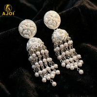 Luxury Handcrafted Pearl Chandelier Jhumka Earrings with Floral Studs & Cascading Pearl Drops