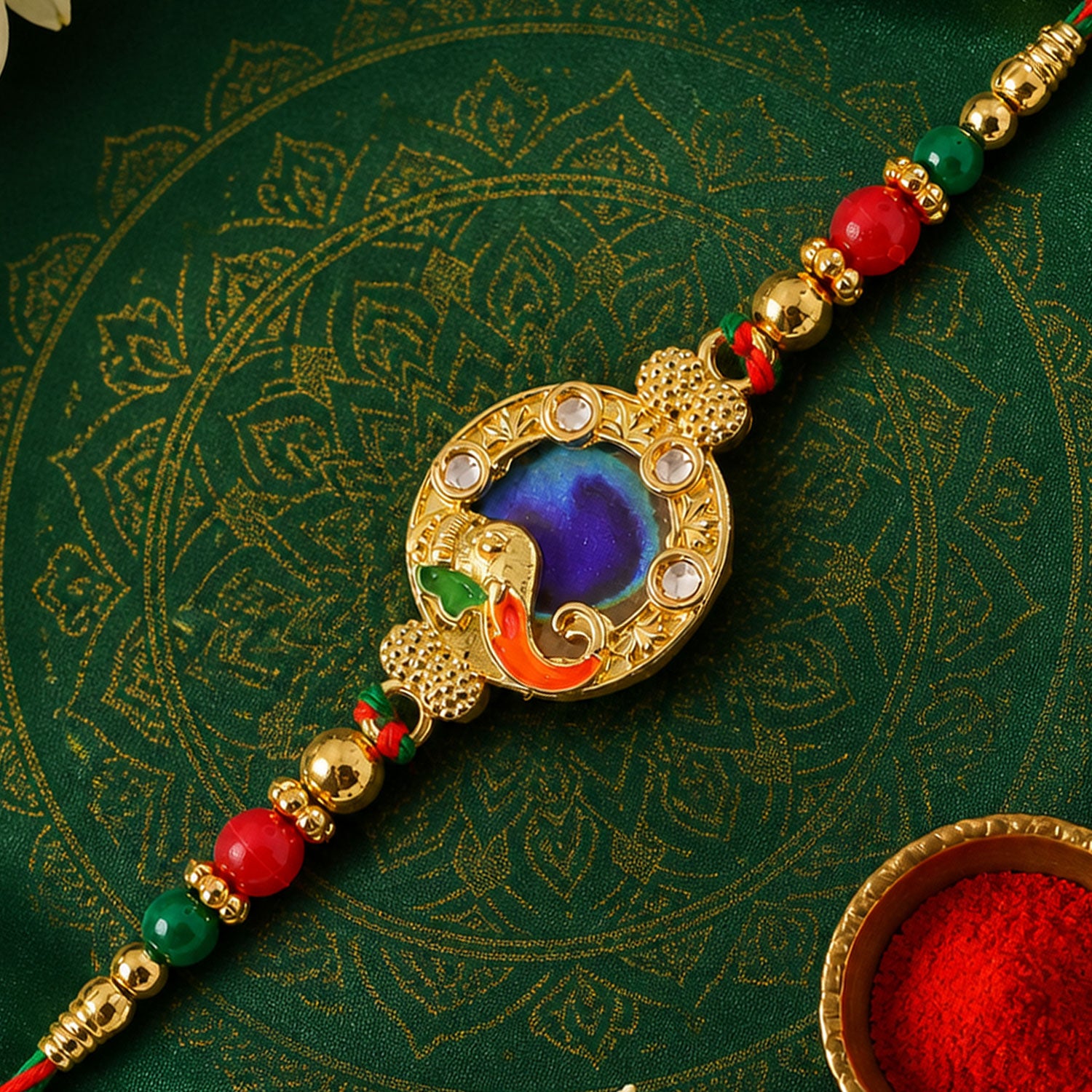 Classic Rakhi with Peacock Circle Charm, leaf touch and thread look for Gift Use