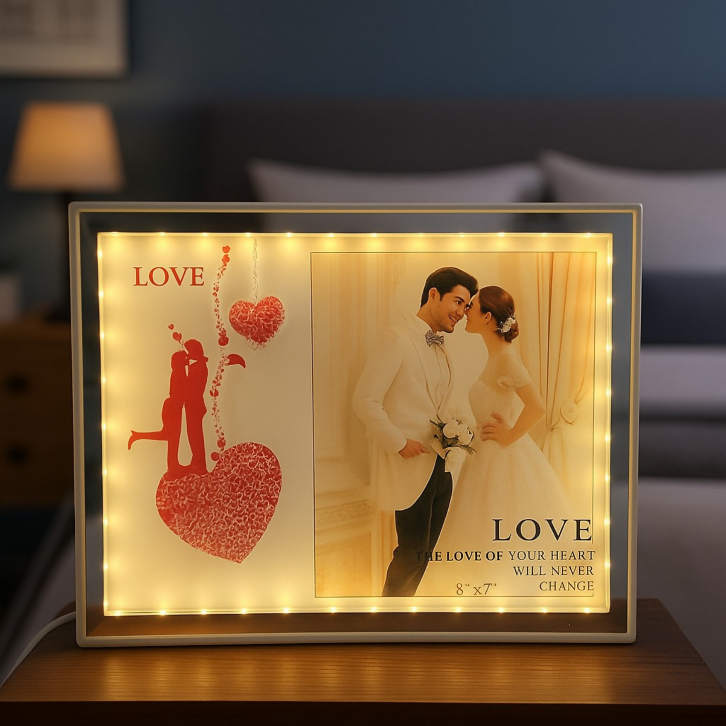 Romantic LED Couple Photo Frame with Red Love Artwork | Warm Light Illuminated Wedding & Anniversary Picture Frame | USB Powered Tabletop Decorative Love Lamp for Bedroom, Home Decor & Valentine Gifting