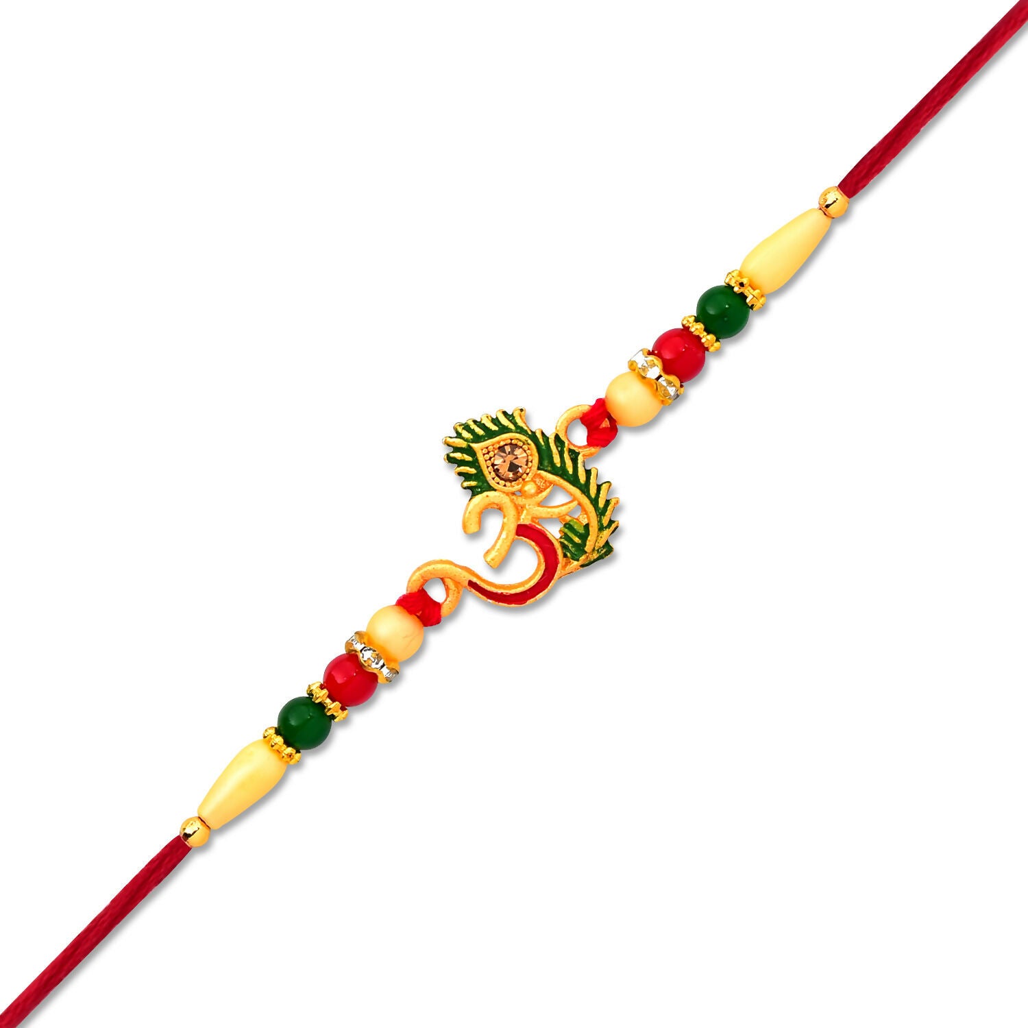 Handcrafted Om & Peacock Feather Rakhi displayed elegantly