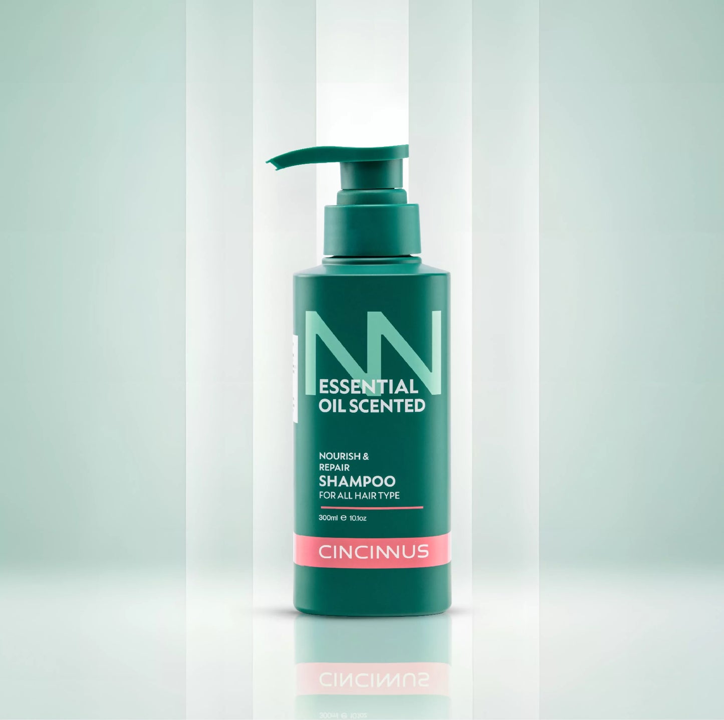 Nourishing shampoo bottle with floral and oil ingredients imagery