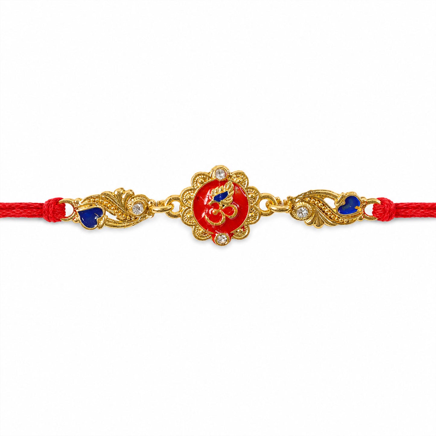 Premium Rakhi featuring Om Plaque, gold trims and chain look for Festive Display
