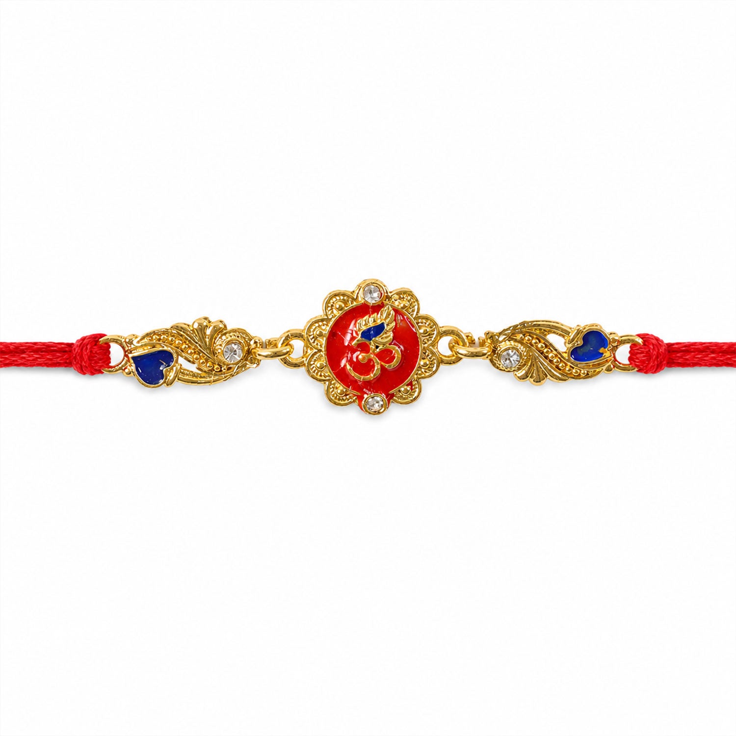Premium Rakhi featuring Om Plaque, gold trims and chain look for Festive Display