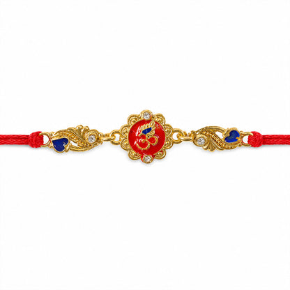 Premium Rakhi featuring Om Plaque, gold trims and chain look for Festive Display