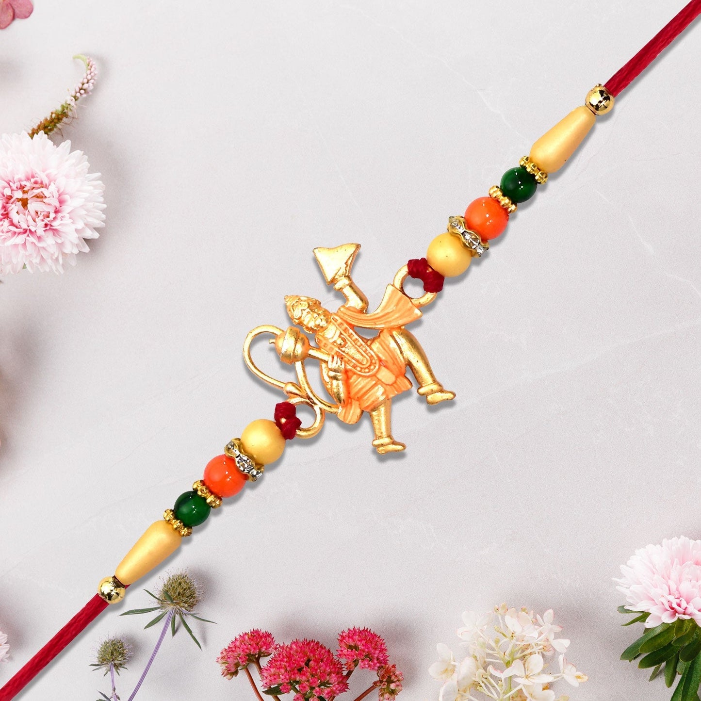 Golden Hanuman Ji Motif Enamel Pearl Beads Traditional Rakhi (10pcs)