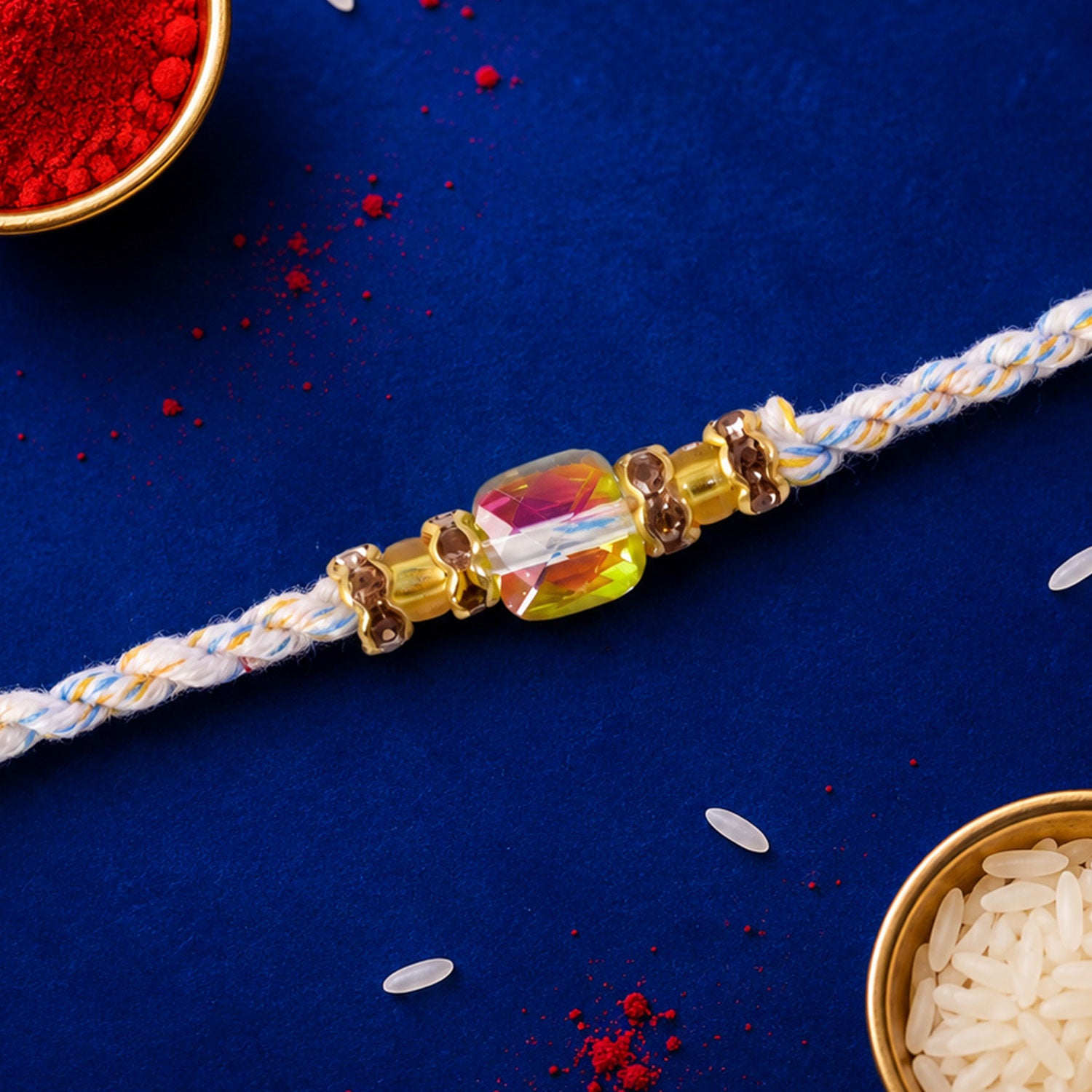 Aurora Crystal Macrame Bracelet Rakhi with Rainbow Stone Shine and Soft Thread