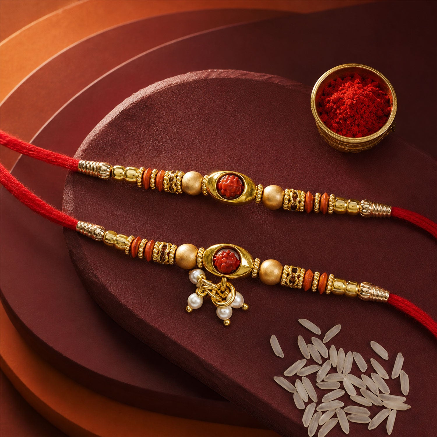 Elegant Pearl Drop Bhaiya Bhabhi Rakhi Set with Designer Beads & Red Thread Gift