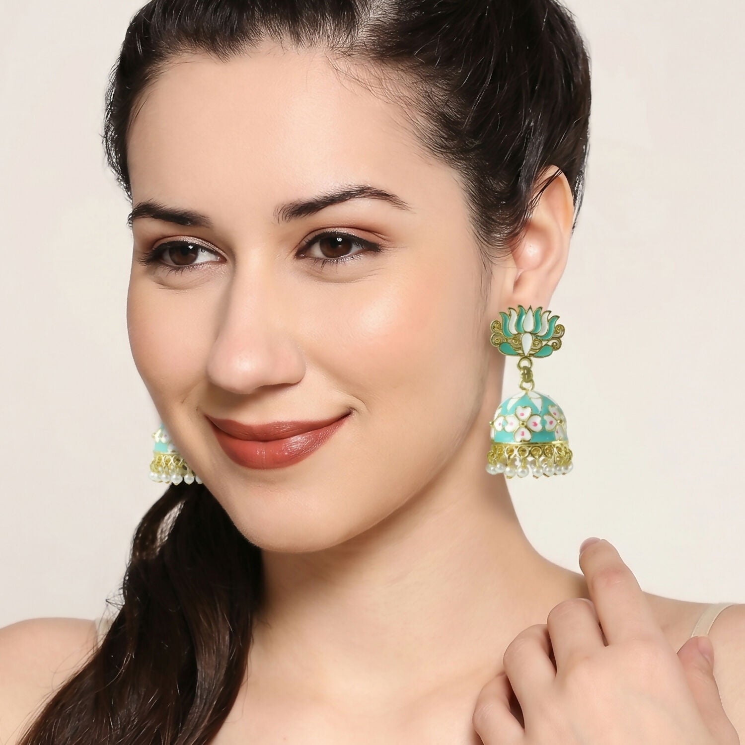 Sea Pista Lotus Jhumka Earrings floral dome pattern