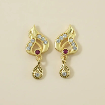 Classic Gold Tone Designer Leaf Earrings With Ruby Accent And Graceful Hanging Drop