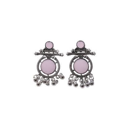 Oxidized Silver Pink Stone Earrings detail