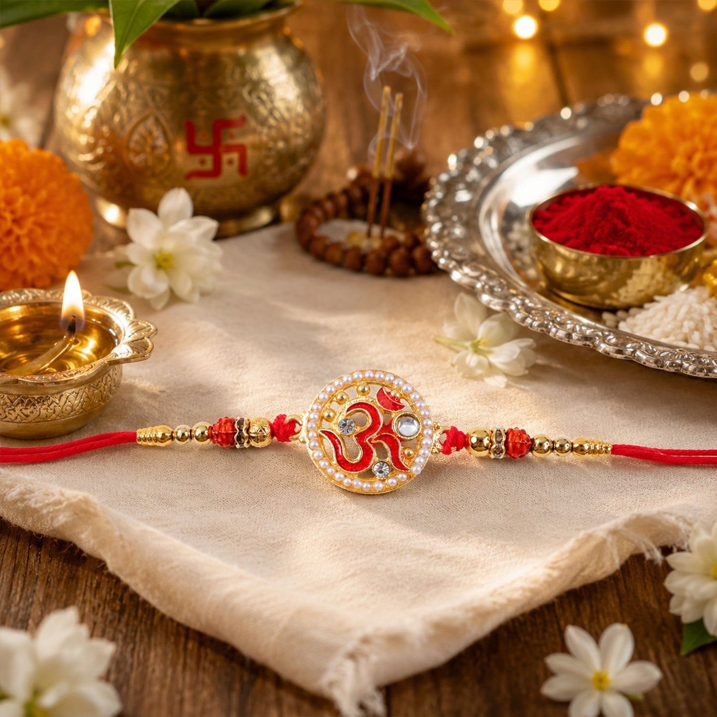 Om Pearl Kundan Beaded Rakhi for Brother (5pcs)