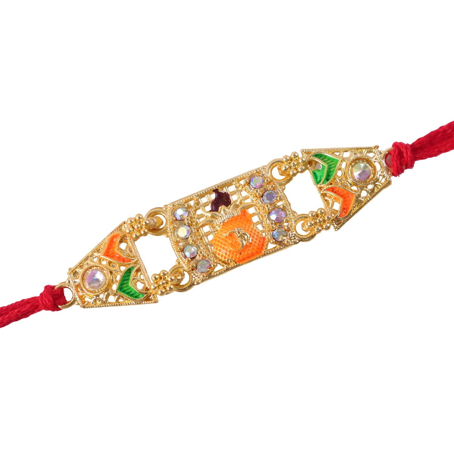 Premium Rakhi with Ornate Rectangular Plaque, crystal borders and chain look for Gift