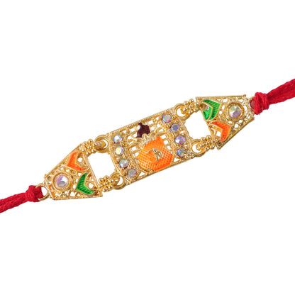 Premium Rakhi with Ornate Rectangular Plaque, crystal borders and chain look for Gift