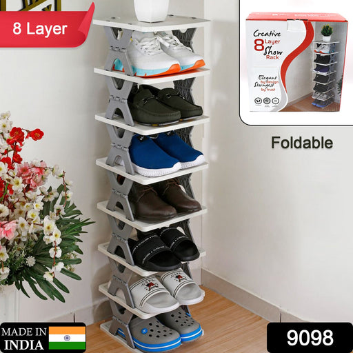 9098  SMART SHOE RACK WITH 8 LAYER SHOES STAND MULTIFUNCTIONAL ENTRYWAY FOLDABLE & COLLAPSIBLE DOOR SHOE RACK FREE STANDING HEAVY DUTY PLASTIC SHOE SHELF STORAGE ORGANIZER NARROW FOOTWEAR HOME DeoDap