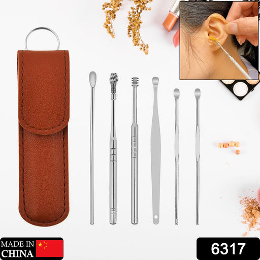 6317   6-in-1 Ear Wax Cleaner- Resuable Ear Cleaning Tools Leather Pouch - Ear Pick Wax Remover Tool Kit with Ear Curette Cleaner and Spring Ear Buds Cleaner Fit in Pocket Great for Traveling DeoDap