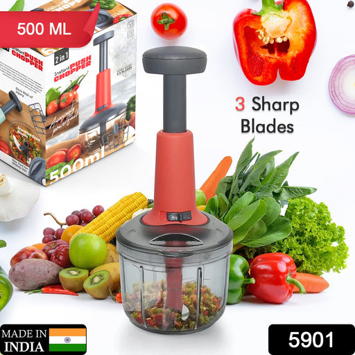 5901 Matte Finish Manual Hand Press Chopper for Kitchen, Mini Handy & Compact Chopper with 3 Blades for Effortlessly Chopping Vegetables & Fruits for Your Kitchen. DeoDap