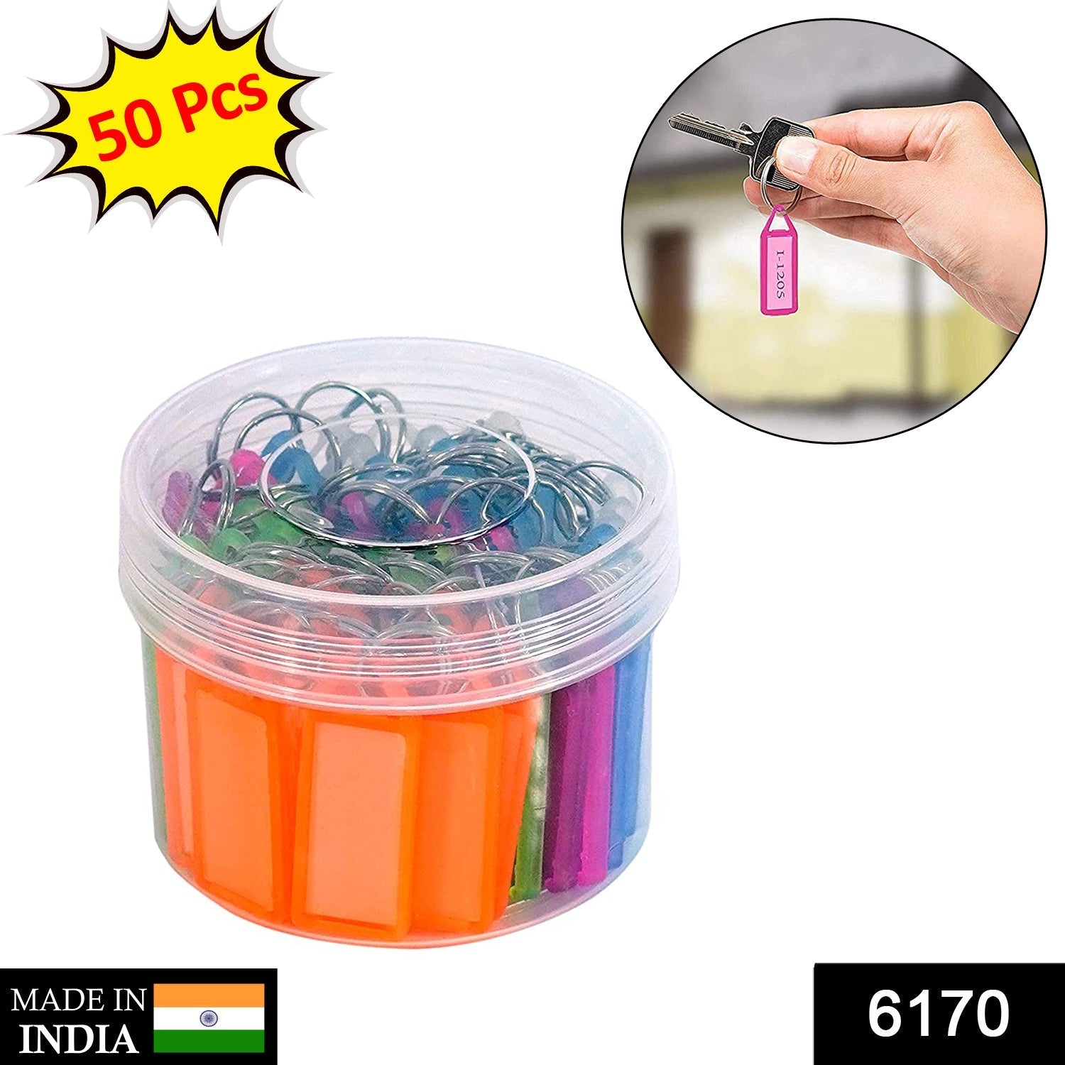 Colorful keychain tags in various shapes and colors, 50 pieces