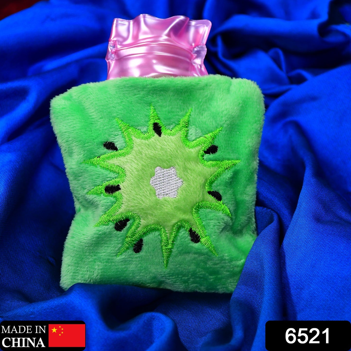 Hot water bag in green sun design, ideal for relieving neck and shoulder pain