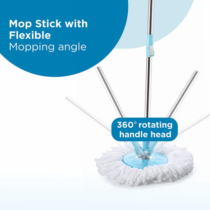 Plastic spin mop with larger wheels and auto-fold handle for 360-degree cleaning, various angles.