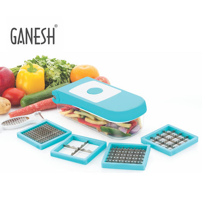 Blue plastic vegetable dicer by Ganesh, 7-in-1, shown from multiple angles.