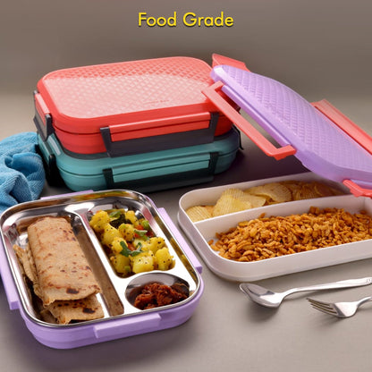 steel lunch box with compartments and handle.