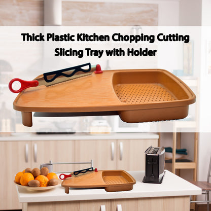 Plastic chopping board with holder for slicing and cutting.