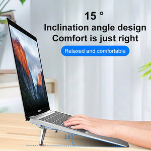 Metal folding stand, portable, compatible with laptops and tablets.