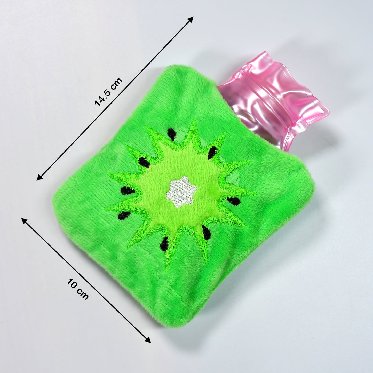 Hot water bag with green sun cover for soothing hands, feet, and neck pain