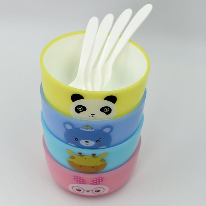 4816 Plastic Animal Cartoon Colorful Bowl set,  4 Pieces Bowl with 4 Spoons for Kids (Assorted Color) DeoDap